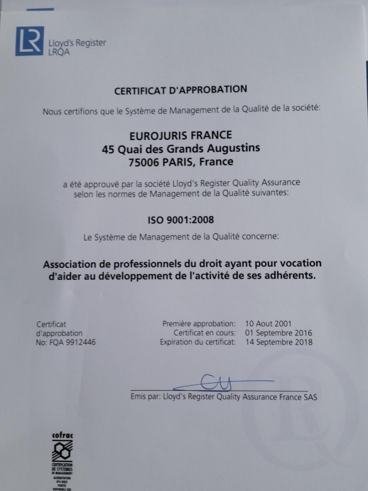 EUROJURIS FRANCE à nouveau Certifié ISO!